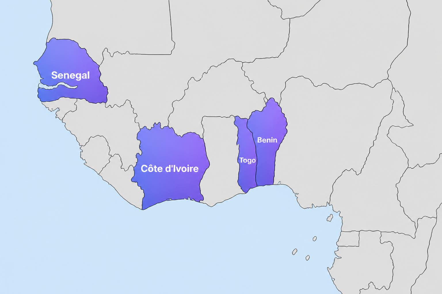 Carte de l'Afrique de l'Ouest — pays couverts par Azurite Performance